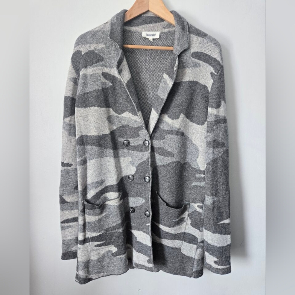 SPLENDID Gray Camouflage Cashmere Blend Knit Sweater jacket
